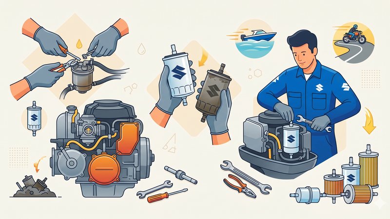 Иллюстрация процесса замены топливного фильтра в автомобиле Suzuki для статьи в блоге магазина