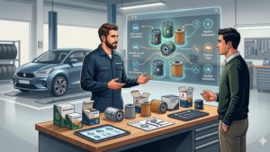 Современная иллюстрация масляного фильтра для автомобиля Suzuki на светлом фоне для статьи о выборе запчастей