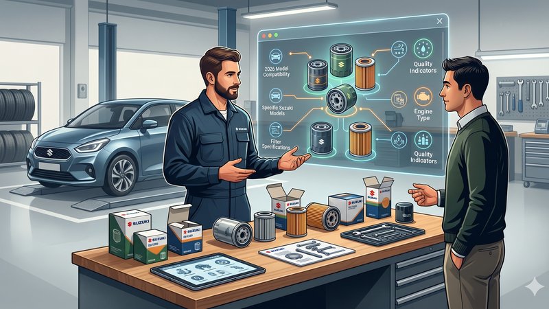 Современная иллюстрация масляного фильтра для автомобиля Suzuki на светлом фоне для статьи о выборе запчастей